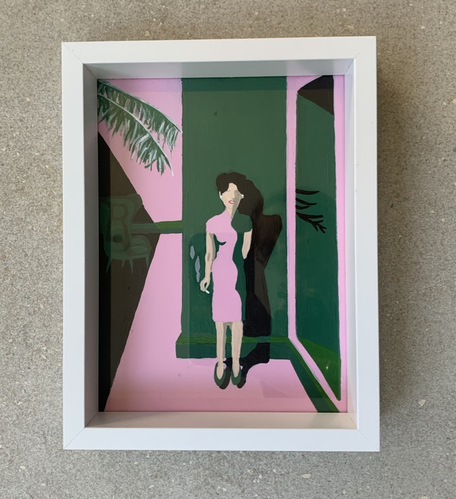 green and pink painting of a women holding a cigarette